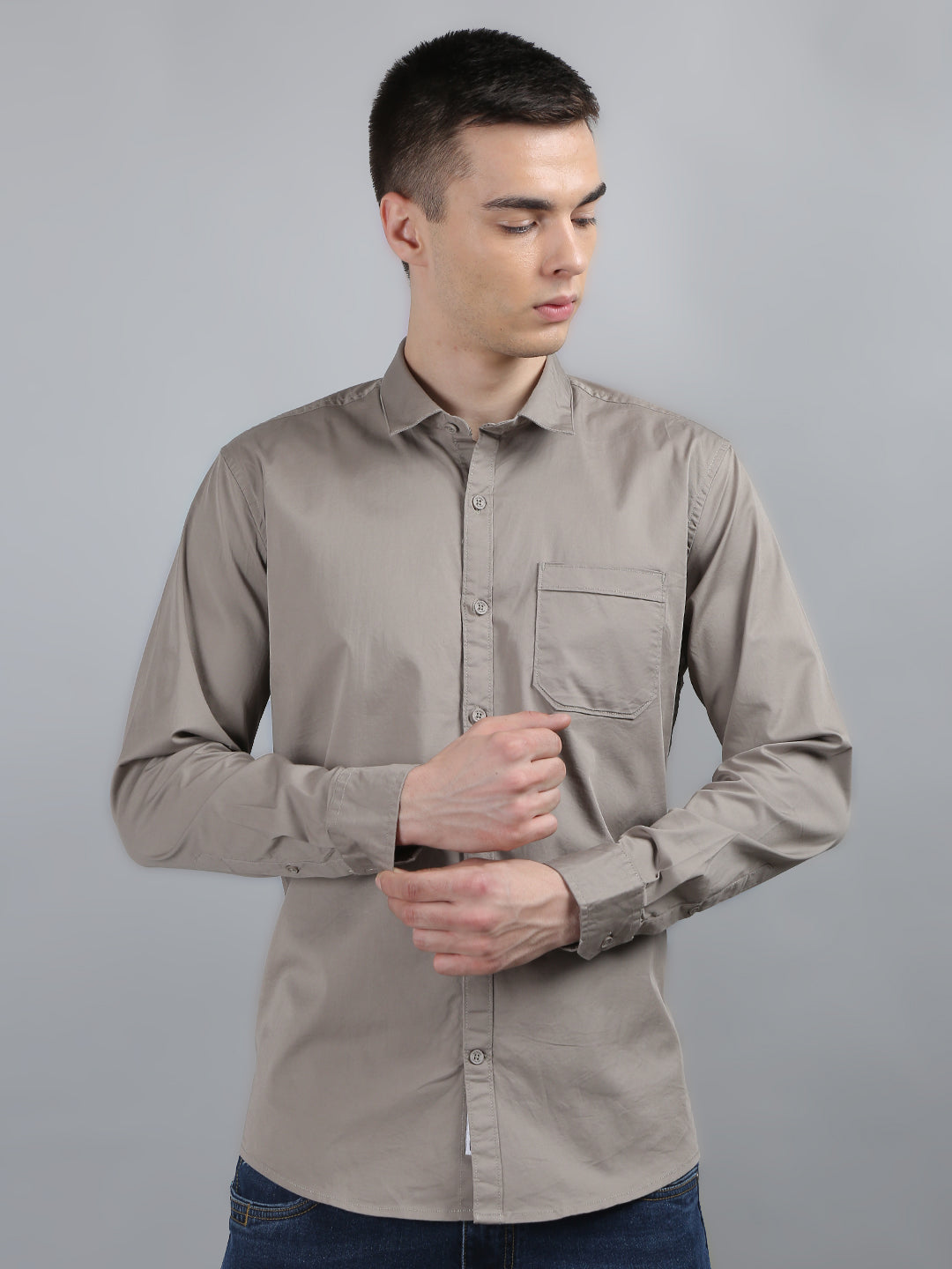 Beige Grey Classic Solid Shirt
