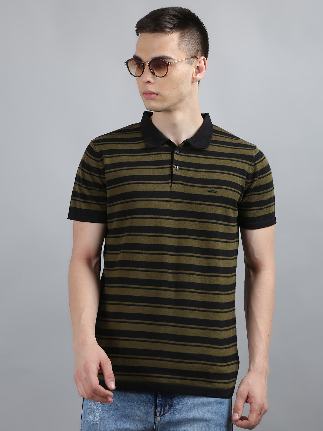 Charcoal Black Striped Knitted Polo T-Shirt