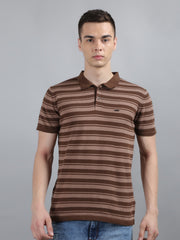 Brown Striped Knitted Polo T-Shirt
