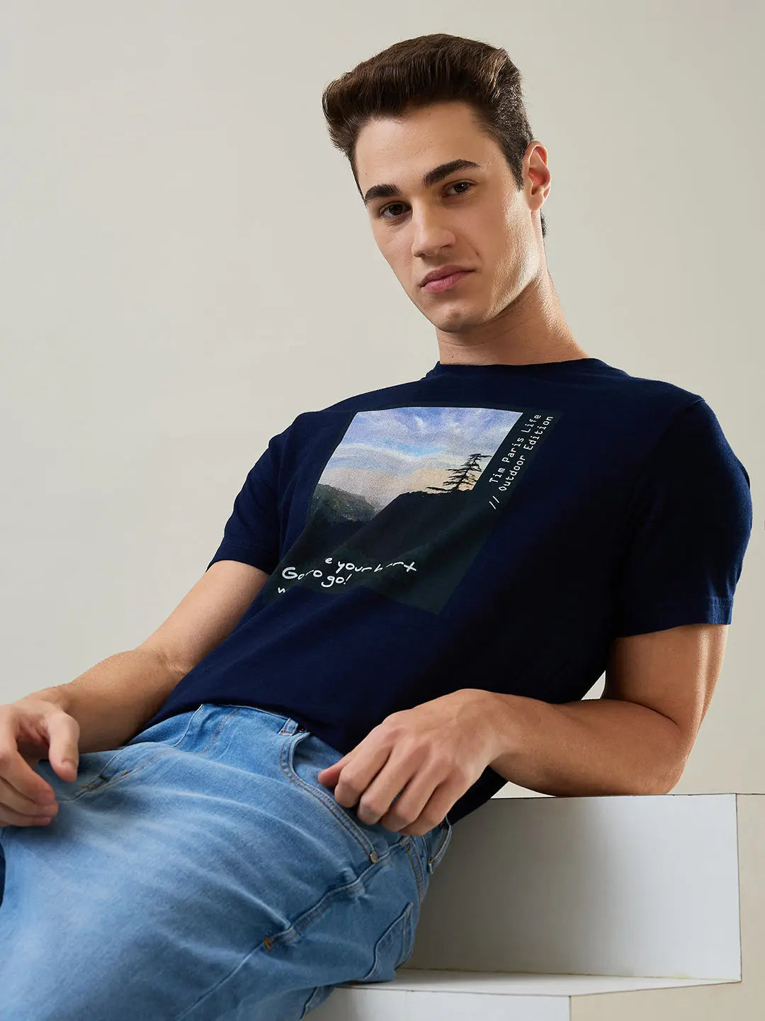 Rinse Washed Blue Printed T-Shirt Tim Paris