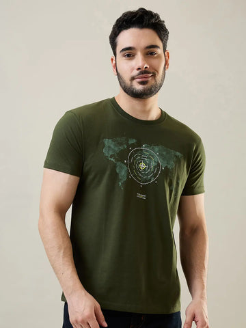 Dark Olive Round Neck Graphic Print T-Shirt Tim Paris