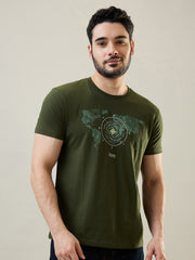 Dark Olive Round Neck Graphic Print T-Shirt