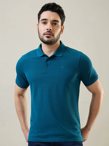 Teal Blue Solid Polo T-Shirt Tim Paris