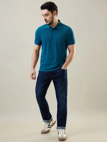 Teal Blue Solid Polo T-Shirt