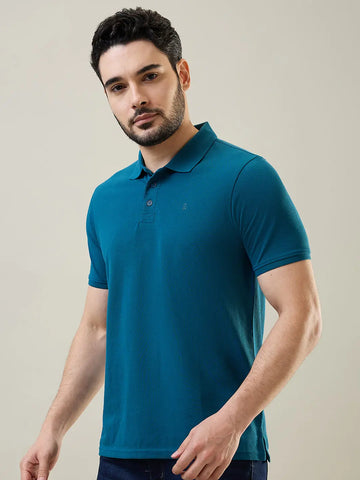 Teal Blue Solid Polo T-Shirt