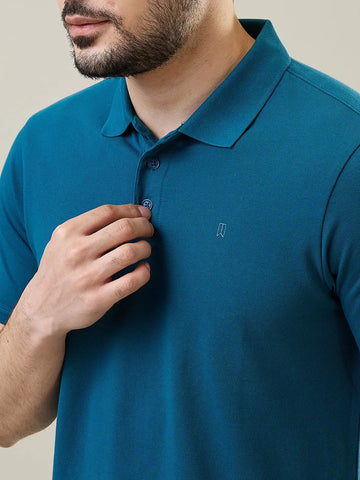 Teal Blue Solid Polo T-Shirt