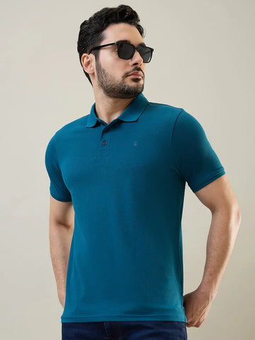 Teal Blue Solid Polo T-Shirt