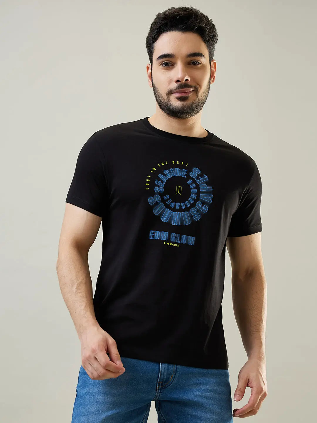 Black Graphic Print Round Neck T-Shirt Tim Paris