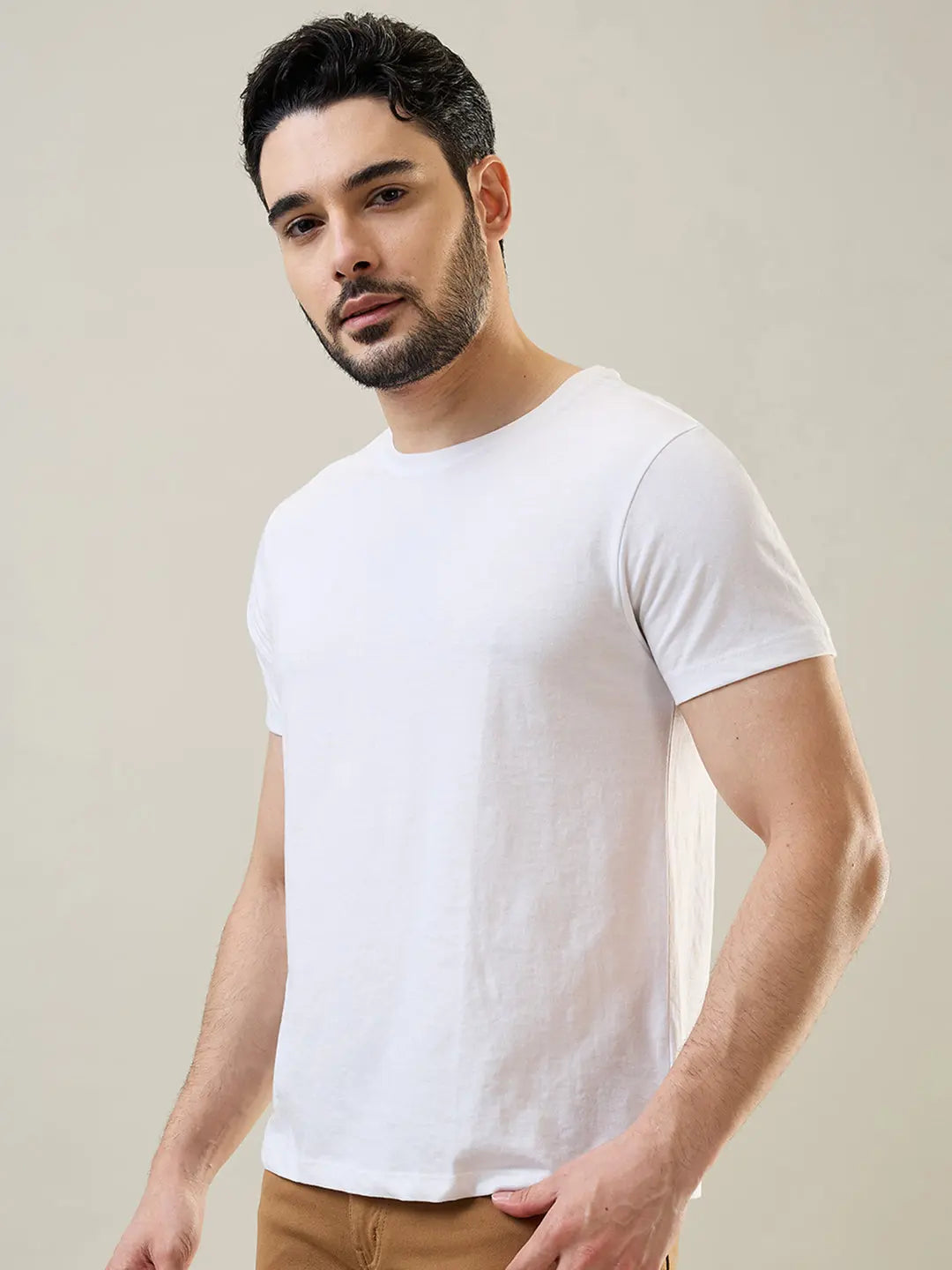 White Solid Round Neck T-Shirt Tim Paris