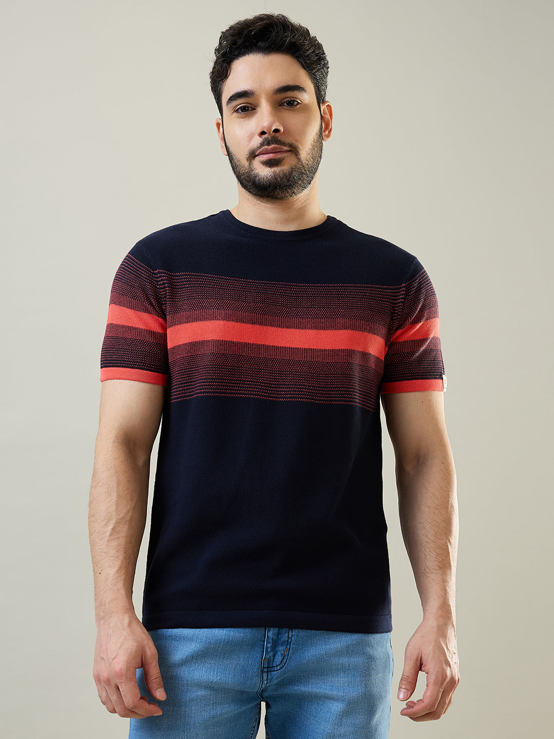Hot Coral Striped Flanknit T-Shirt