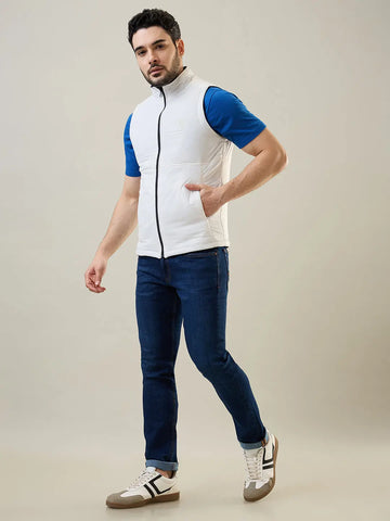 White & Blue Sleeveless Reversible Jacket Tim Paris