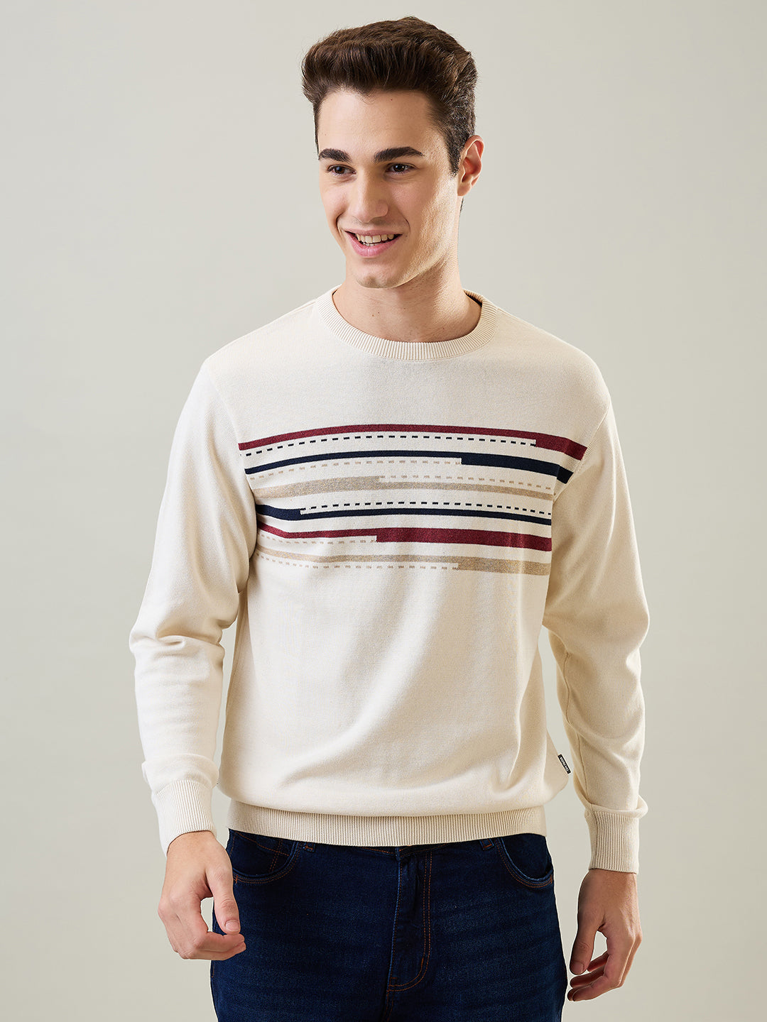 Egret Round Neck Striped Pullover