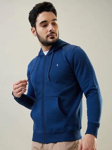 Blue Solid Zipper Hoodie Tim Paris
