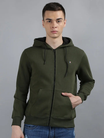 Tim Paris Olive Green Hoodie with Zipper – Solid Sweatshirt, Full Sleeve Tim Paris