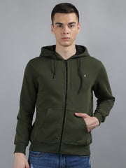 Tim Paris Olive Green Hoodie with Zipper – Solid Sweatshirt, Full Sleeve