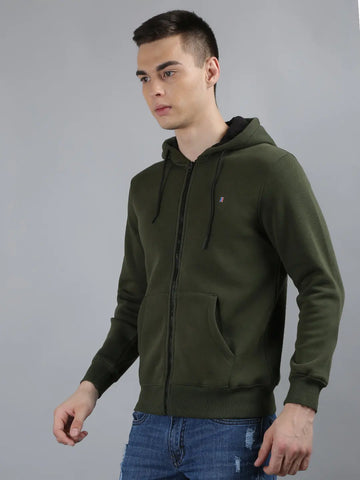 Tim Paris Olive Green Hoodie with Zipper – Solid Sweatshirt, Full Sleeve Tim Paris