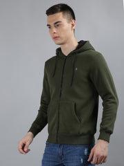 Tim Paris Olive Green Hoodie with Zipper – Solid Sweatshirt, Full Sleeve