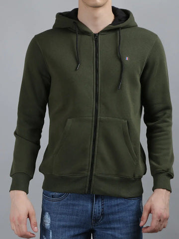 Tim Paris Olive Green Hoodie with Zipper – Solid Sweatshirt, Full Sleeve Tim Paris