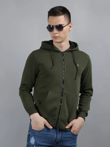 Tim Paris Olive Green Hoodie with Zipper – Solid Sweatshirt, Full Sleeve Tim Paris