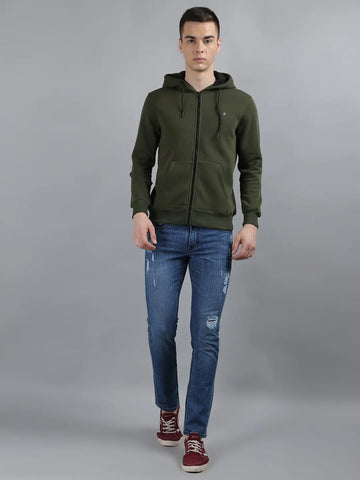 Tim Paris Olive Green Hoodie with Zipper – Solid Sweatshirt, Full Sleeve Tim Paris