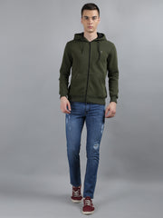 Tim Paris Olive Green Hoodie with Zipper – Solid Sweatshirt, Full Sleeve