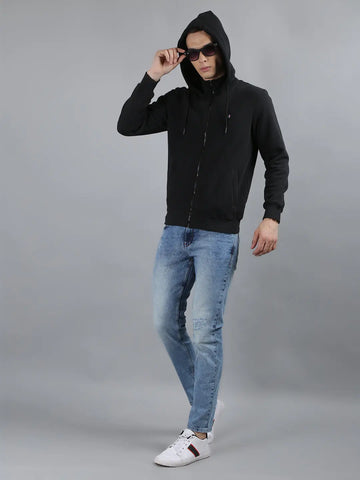 Tim Paris Black Hoodie with Zipper – Solid Sweatshirt Tim Paris