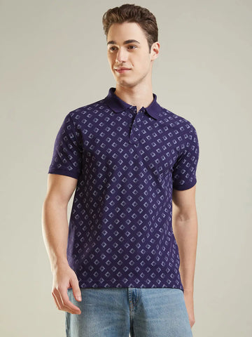 Blue Printed Polo Tshirt Tim Paris