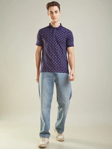 Blue Printed Polo Tshirt Tim Paris