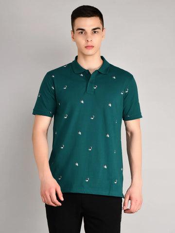 Teal Blue Printed Polo T-Shirt Tim Paris