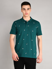 Teal Blue Printed Polo T-Shirt