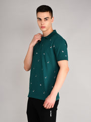 Teal Blue Printed Polo T-Shirt