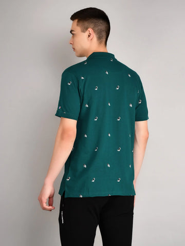 Teal Blue Printed Polo T-Shirt Tim Paris
