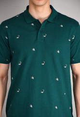 Teal Blue Printed Polo T-Shirt