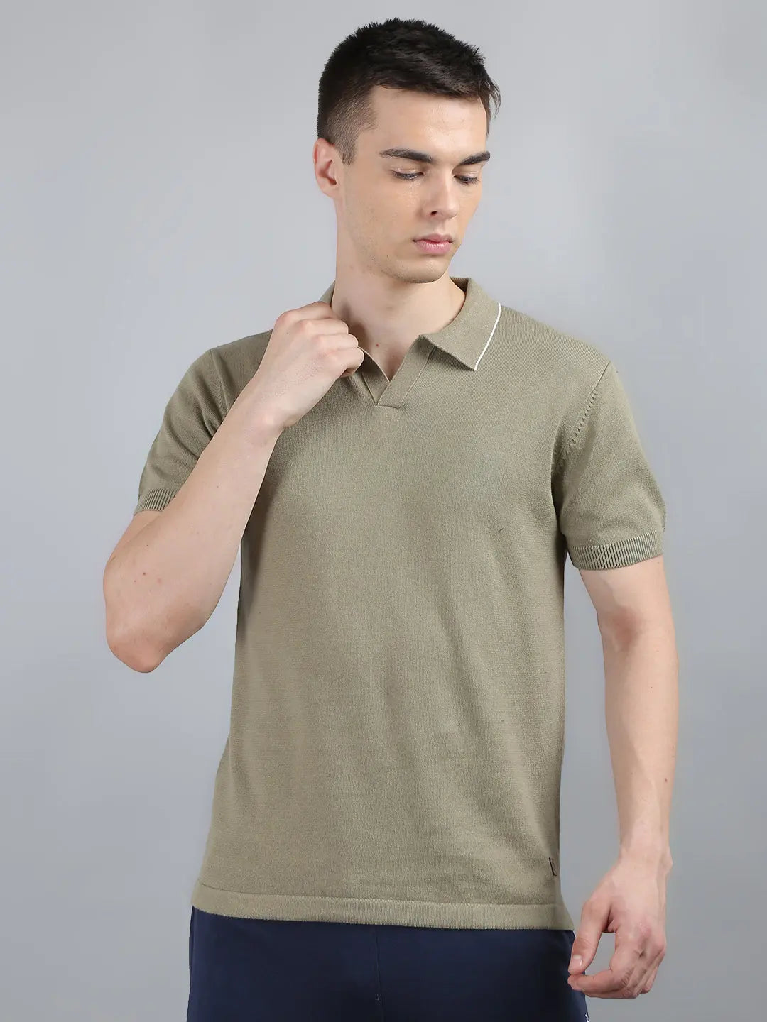 Green Solid Regular Fit Knit Polo T-Shirt Tim Paris