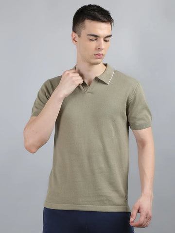 Green Solid Regular Fit Knit Polo T-Shirt Tim Paris