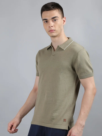 Green Solid Regular Fit Knit Polo T-Shirt Tim Paris