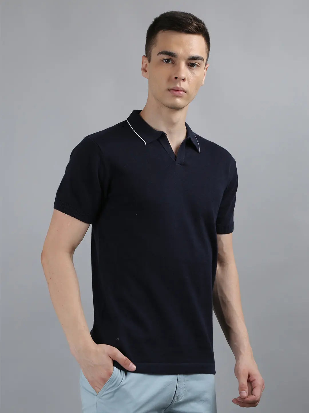 Navy Solid Regular Fit Knit Polo T-Shirt Tim Paris
