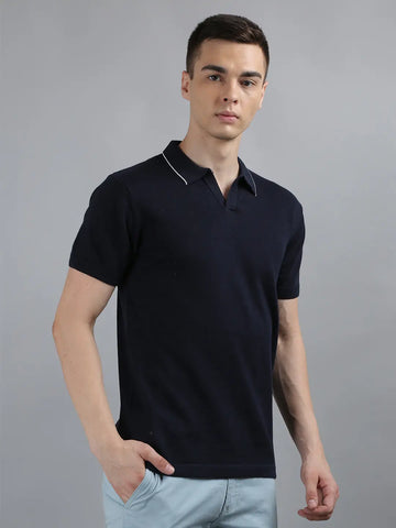 Navy Solid Regular Fit Knit Polo T-Shirt Tim Paris
