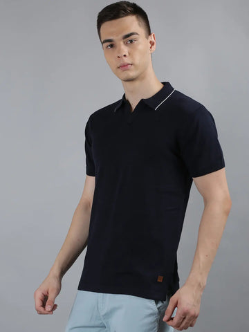 Navy Solid Regular Fit Knit Polo T-Shirt Tim Paris