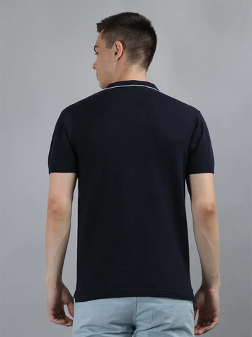 Navy Solid Regular Fit Knit Polo T-Shirt Tim Paris
