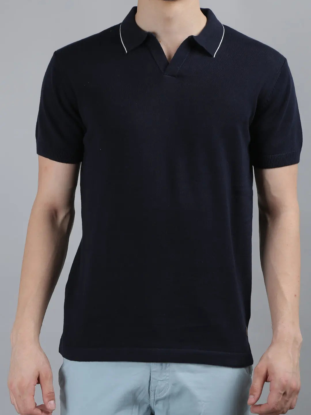 Navy Solid Regular Fit Knit Polo T-Shirt Tim Paris