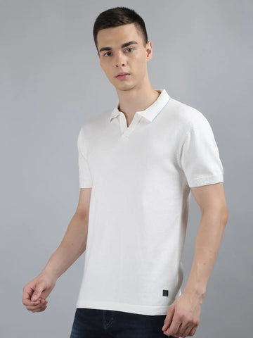 White Solid Regular Fit Knit Polo T-Shirt Tim Paris