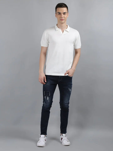 White Solid Regular Fit Knit Polo T-Shirt Tim Paris