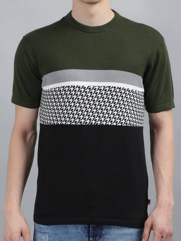 Green Solid Regular Fit Knit T-Shirt TIM PARIS