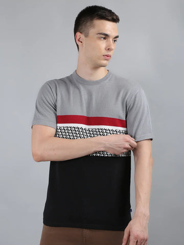 Grey Solid Regular Fit Knit T-Shirt TIM PARIS