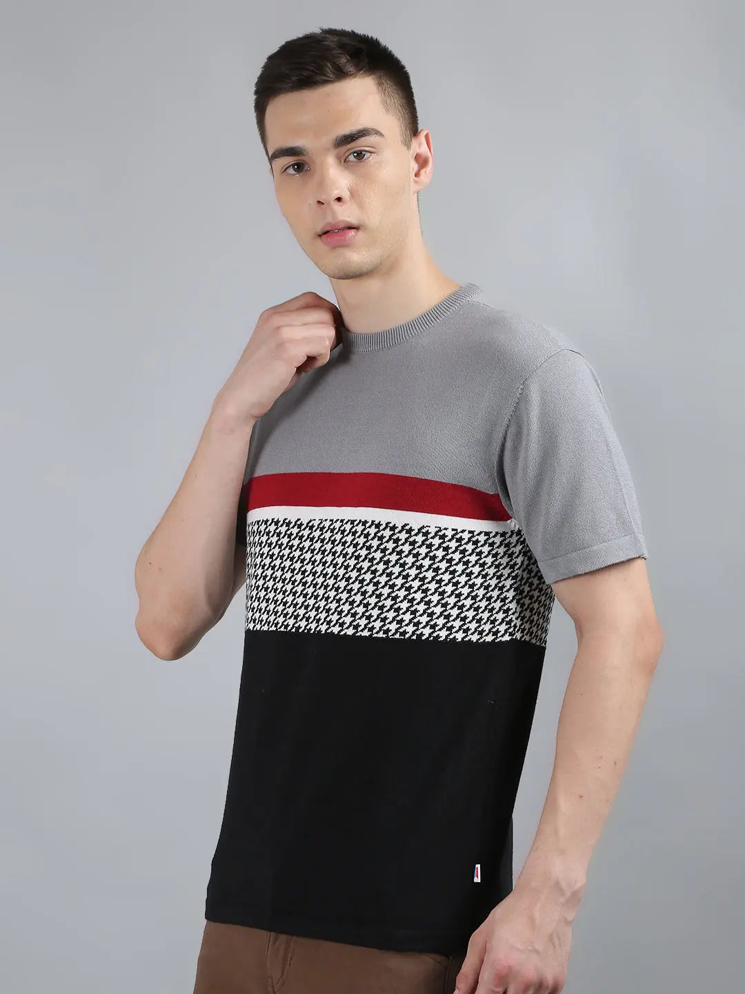 Grey Solid Regular Fit Knit T-Shirt TIM PARIS