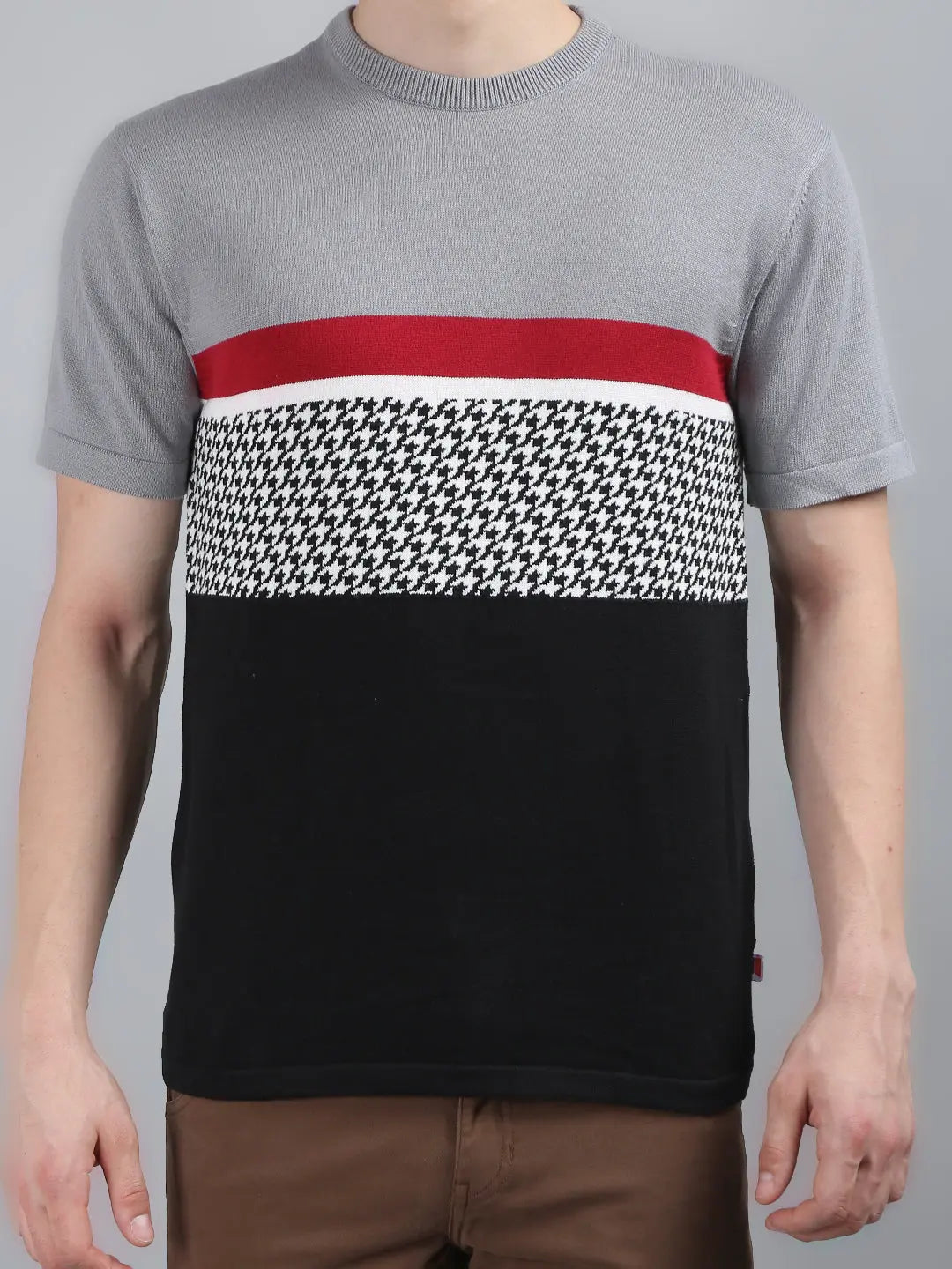 Grey Solid Regular Fit Knit T-Shirt TIM PARIS
