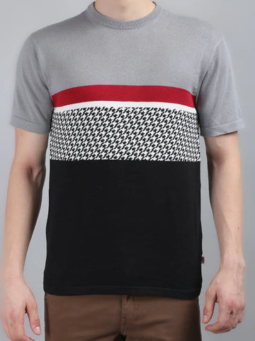 Grey Solid Regular Fit Knit T-Shirt TIM PARIS