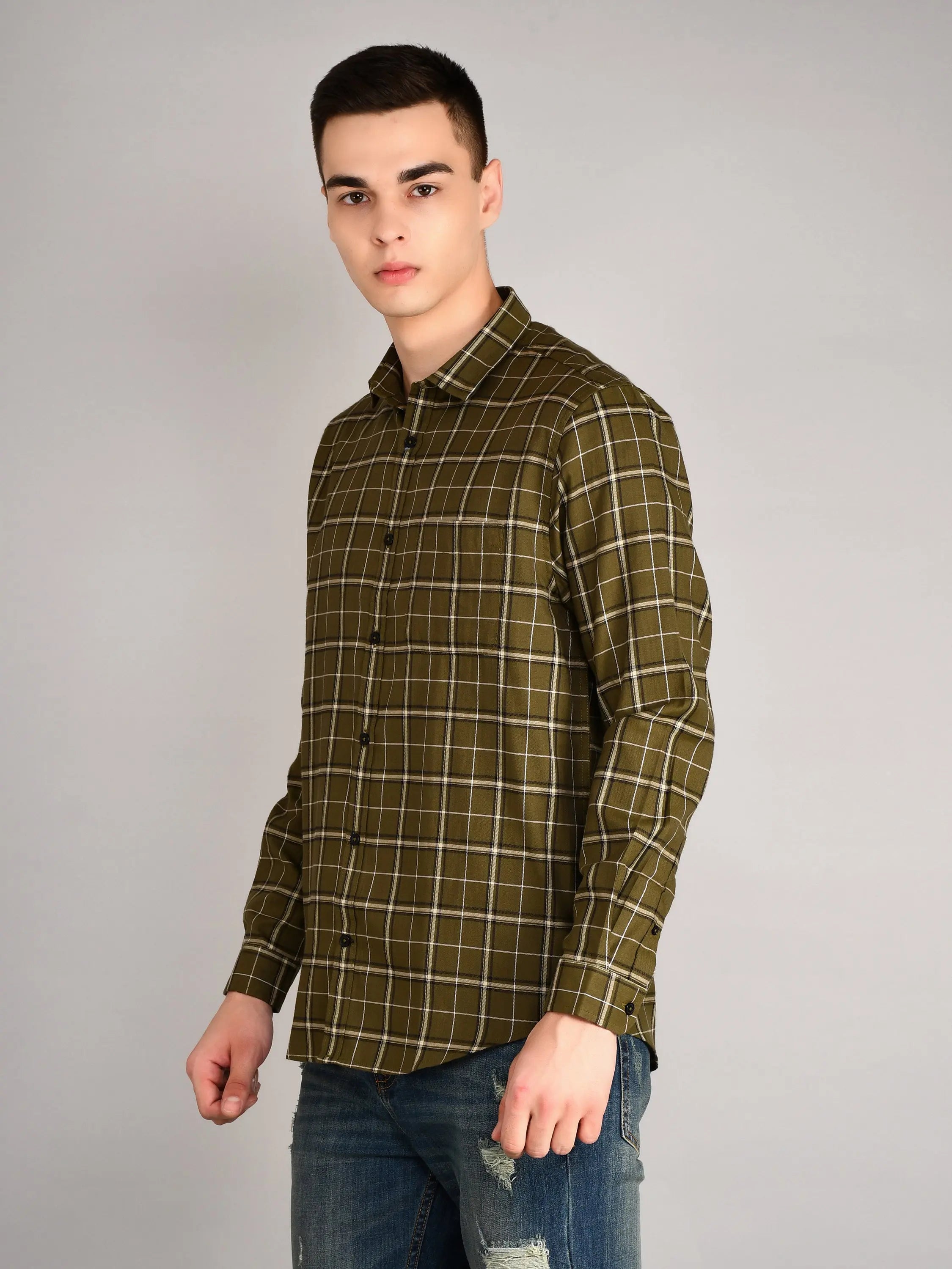 Olive Checks Checkered Regular Fit Shirt TIM PARIS