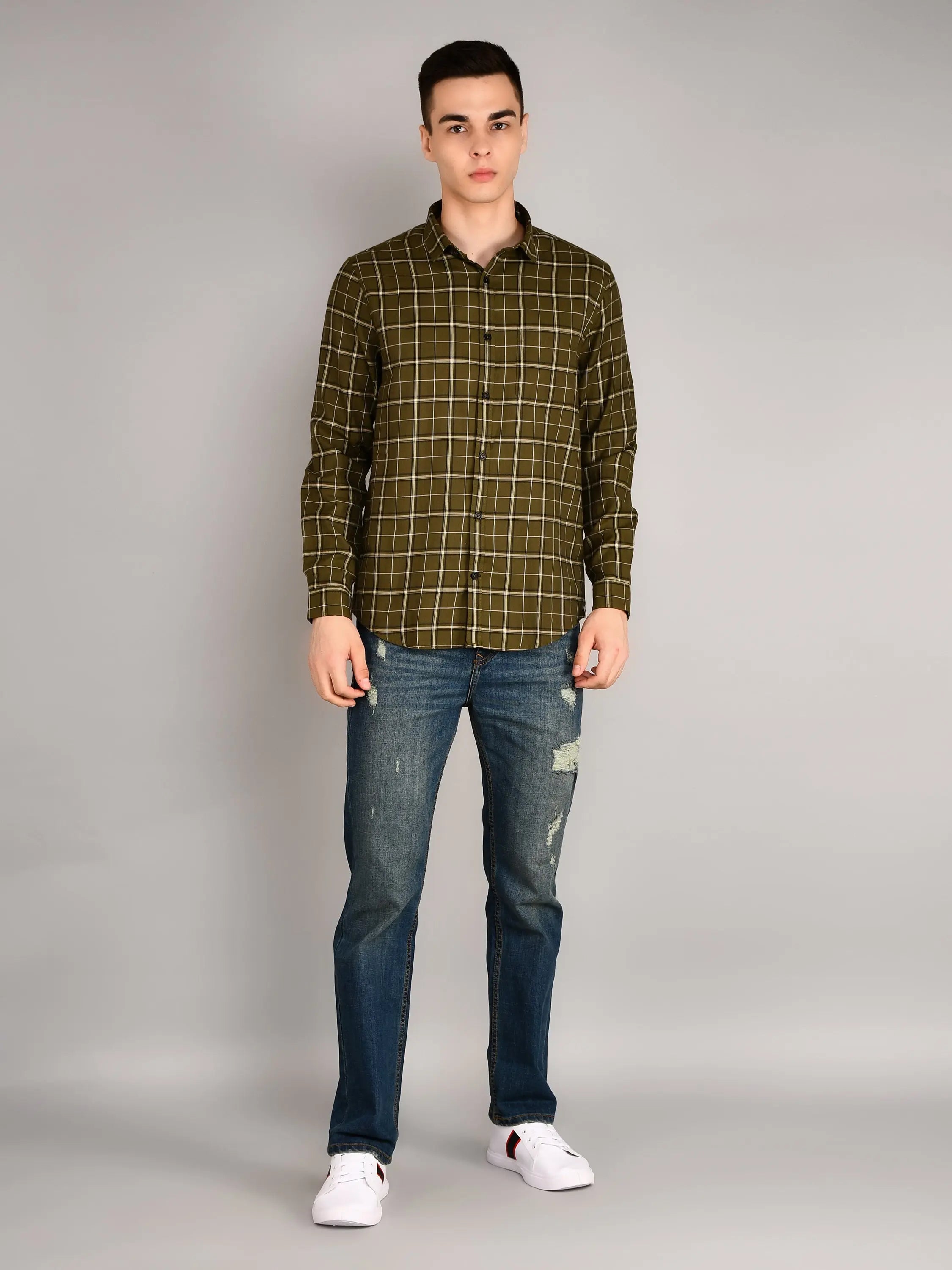 Olive Checks Checkered Regular Fit Shirt TIM PARIS